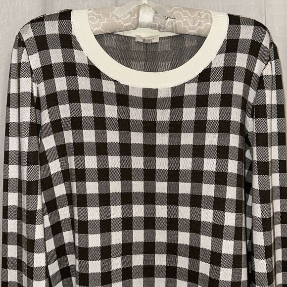Talbots L Ivory Camo Olive Green Gingham Plaid Knit Shirt Hem Crew Sweater - Picture 3 of 11